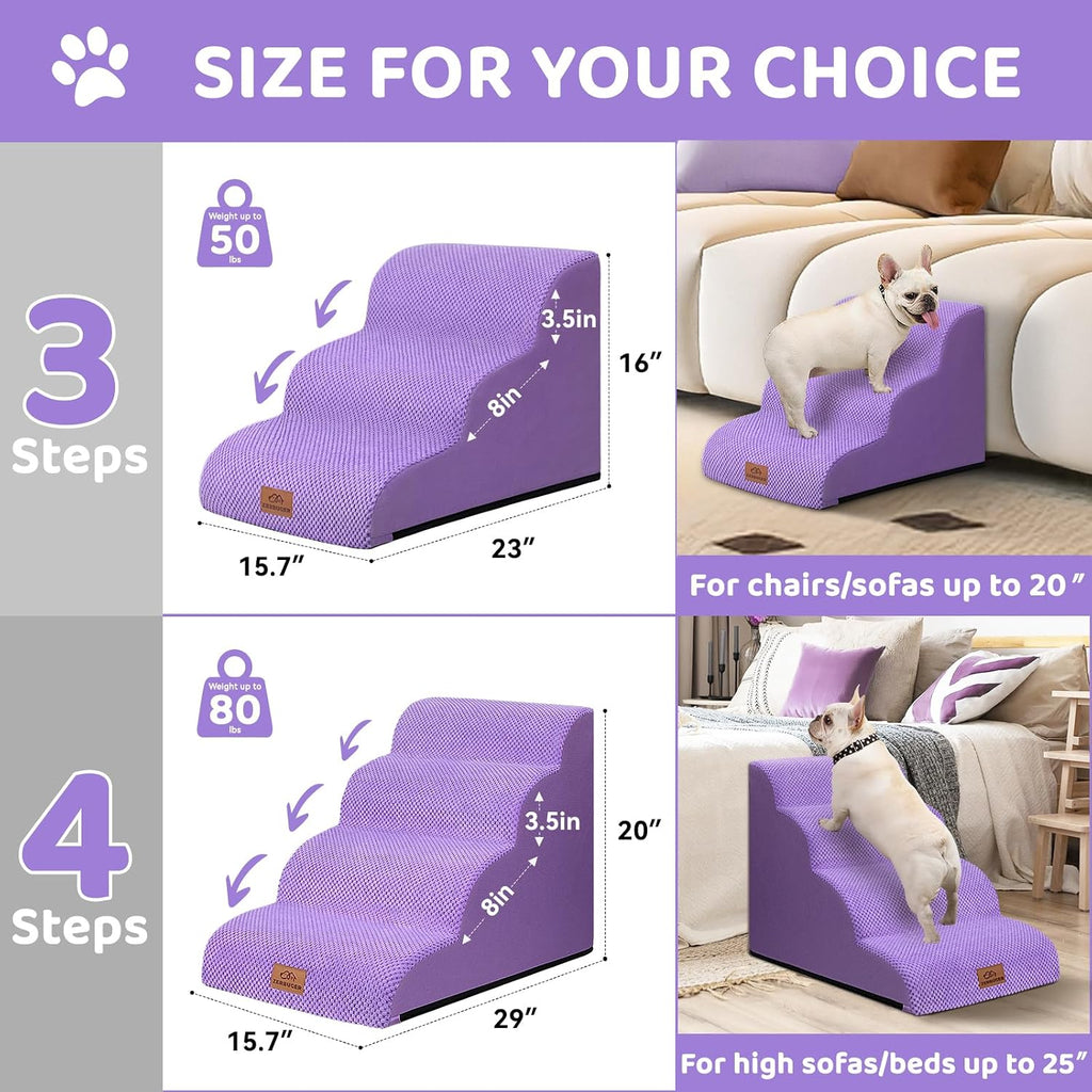 Zerbuger Dog Ramp and Stairs for Bed, Purple 3 Steps 16" H, Nonslip Cover
