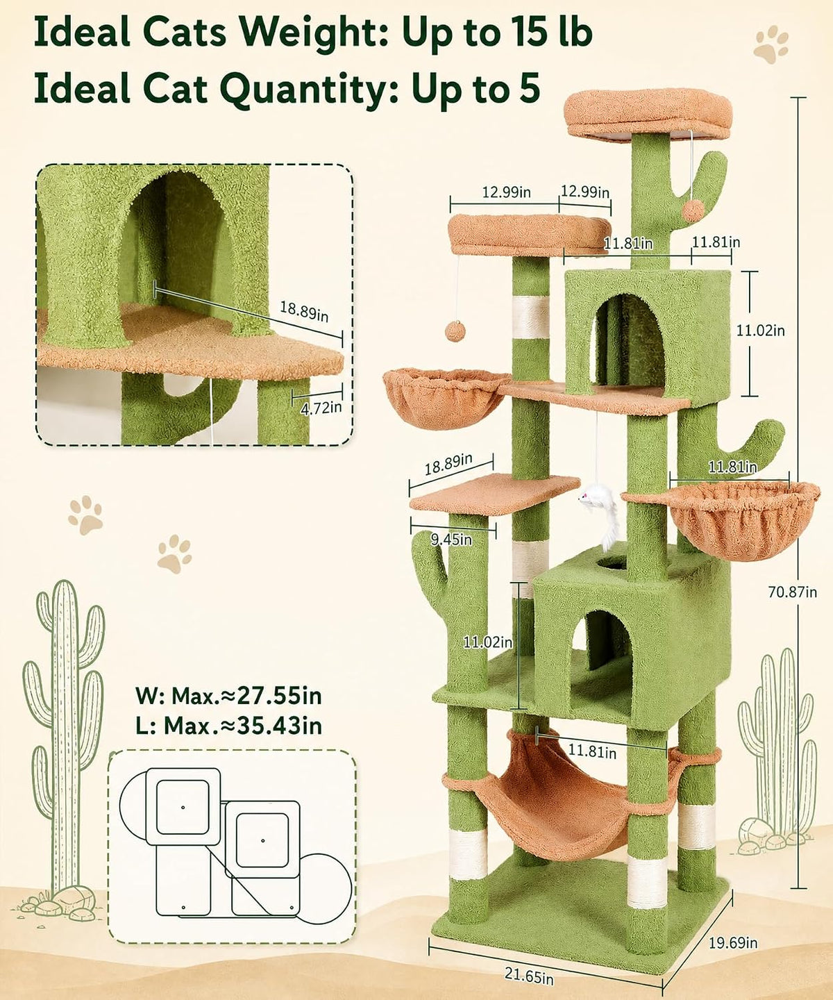 AMHANCIBLE Cactus Cat Tree, 70 Inch Tall Cat Tower for Indoor Cats