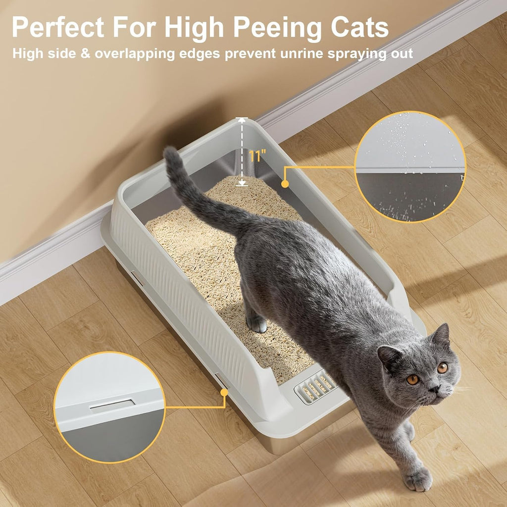 TENTIZON Stainless Steel Cat Litter Box, XL Large Metal Kitty Litterbox with High Side Lids, Litter Mat, Scooper for Big Cats, Kittens, No Odor, No Mess, Leak Proof, Easy Clean, Non Stick