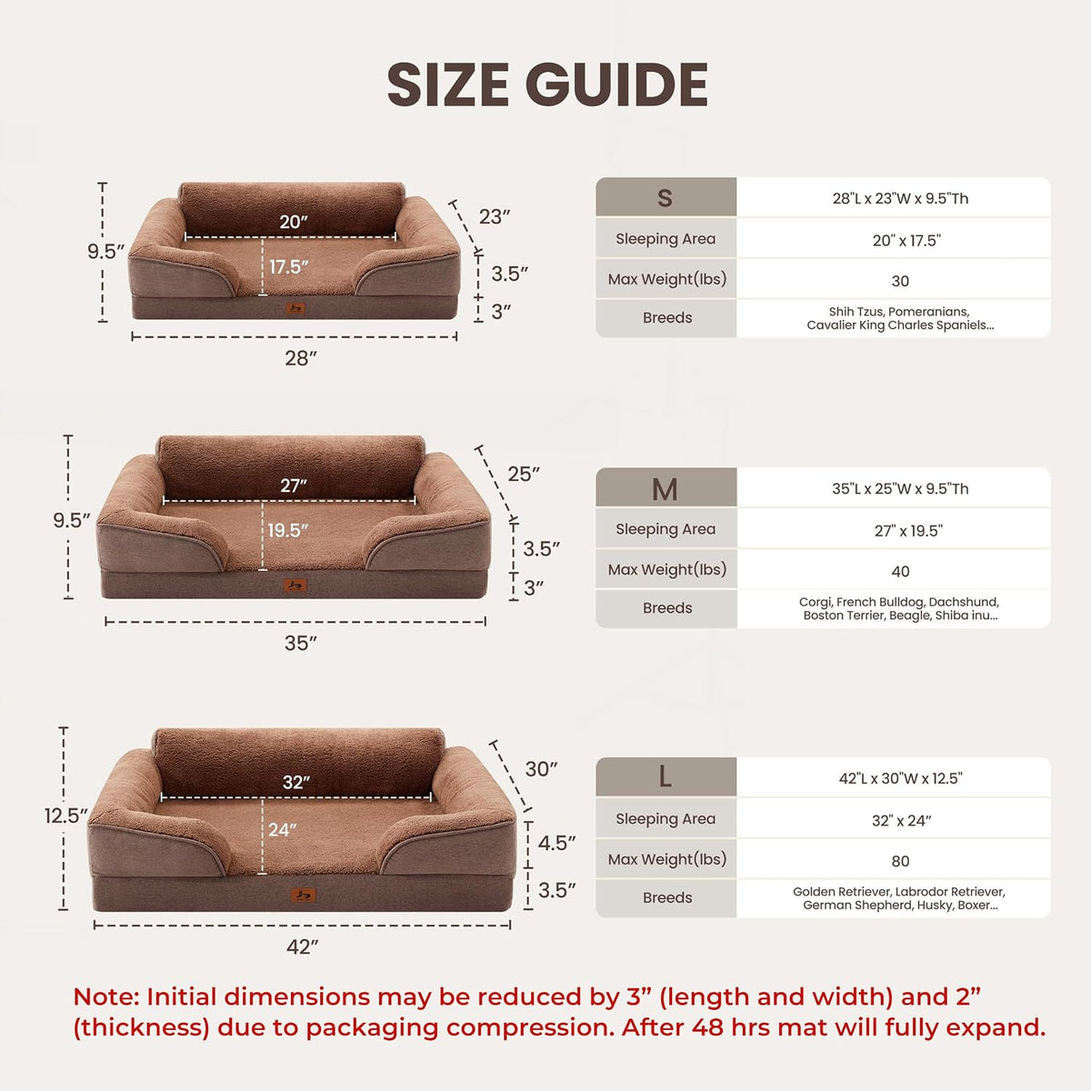 Large Orthopedic Dog Bed for Medium Dogs Removable Washable, Brown