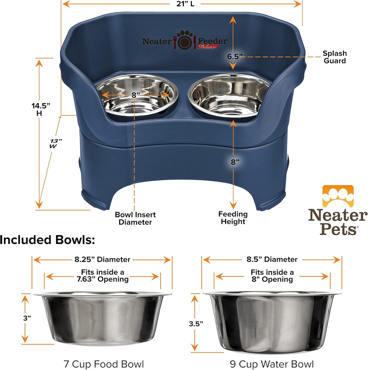 Neater Pet Brands Neater Feeder Deluxe Mess Proof Dog Bowls Elevated for Large Dogs Over 40 lbs, Made in USA, No Spill Raised Dog Food Bowl Stand Feeding Station, Food and Water Bowl Set, Dark Blue 