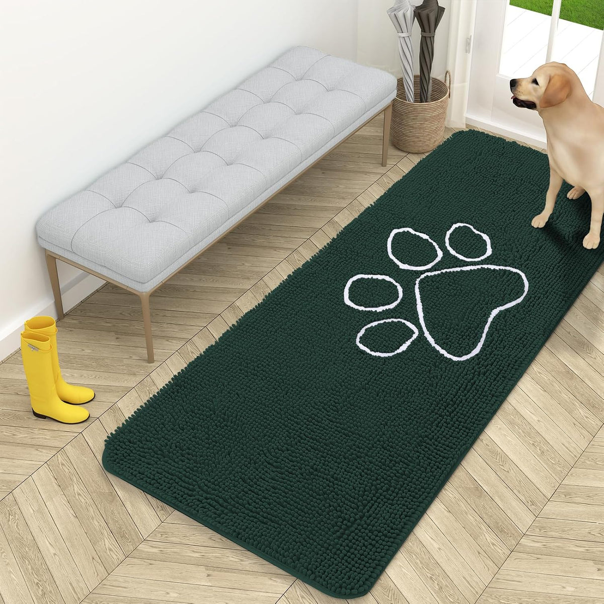 OLANLY Dog Door Mat for Muddy Paws 59x24, Paw Print Design Chenille Mud Mat