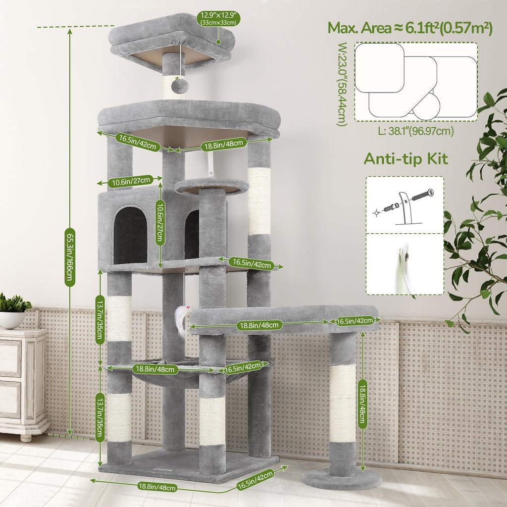Globlazer 65in Sturdy Cat Tree Tower for Indoor Large Cat, S65, Light Grey