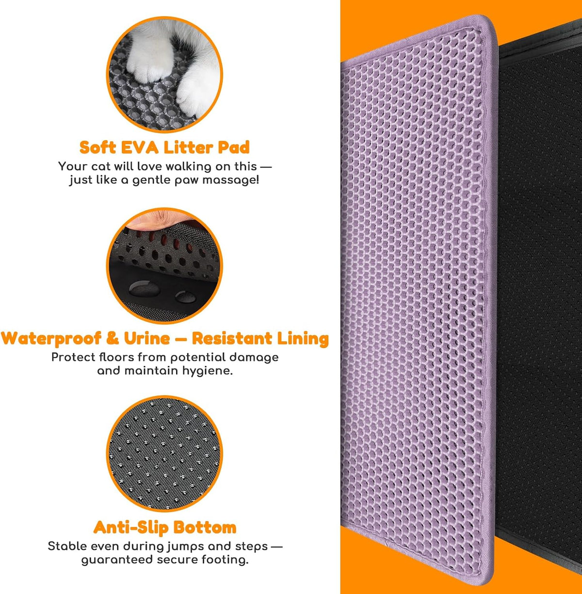 Cat Litter Mat 35"x24",Double Layer EVA Litterbox Mat Purple | Extra Large Honeycomb, Waterproof & non-slip, Odor-free, easy clean, washable durable floor protector,scatter control