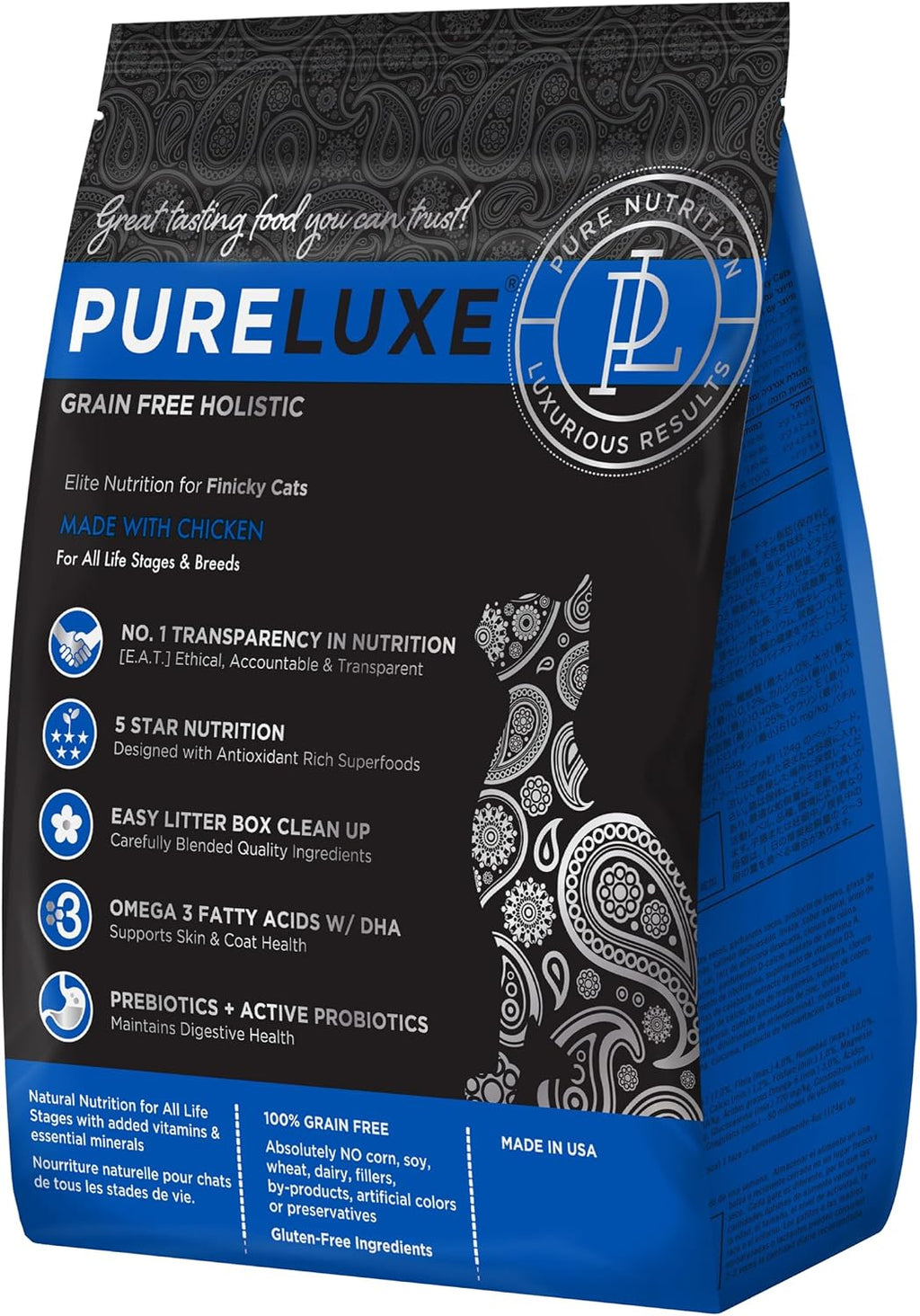 PURELUXE Grain and Gluten Free Cat Food, Finicky Cat Elite Nutrition, Chicken, Chickpeas, and Salmon, for All Life Stages and Breeds, Made in The USA, 3.3lbs