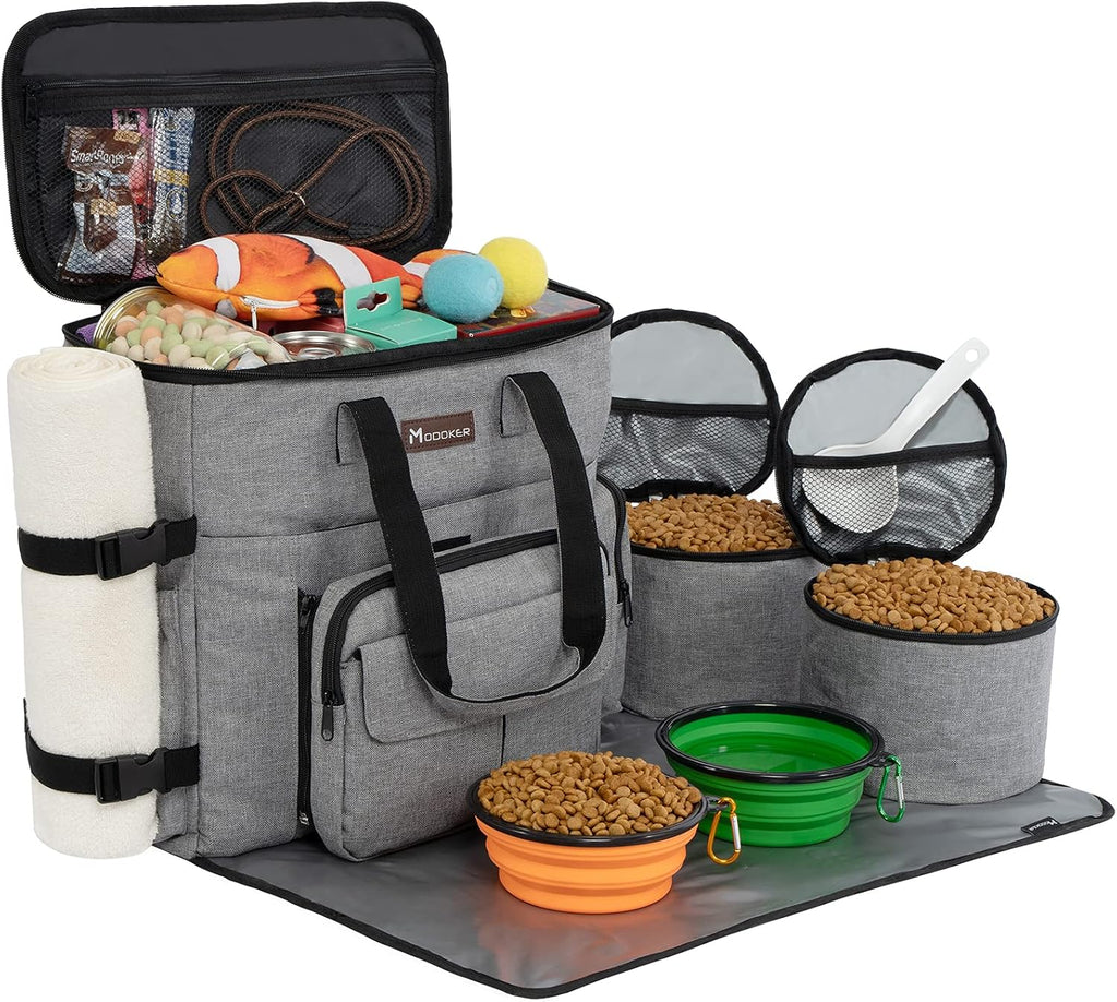 Modoker Dog Travel Organizer with 2 Collapsible Bowls for Supplies & Accessories, Airline Approved Dog Tote Pet Travel Bag with 2 Travel Food Container