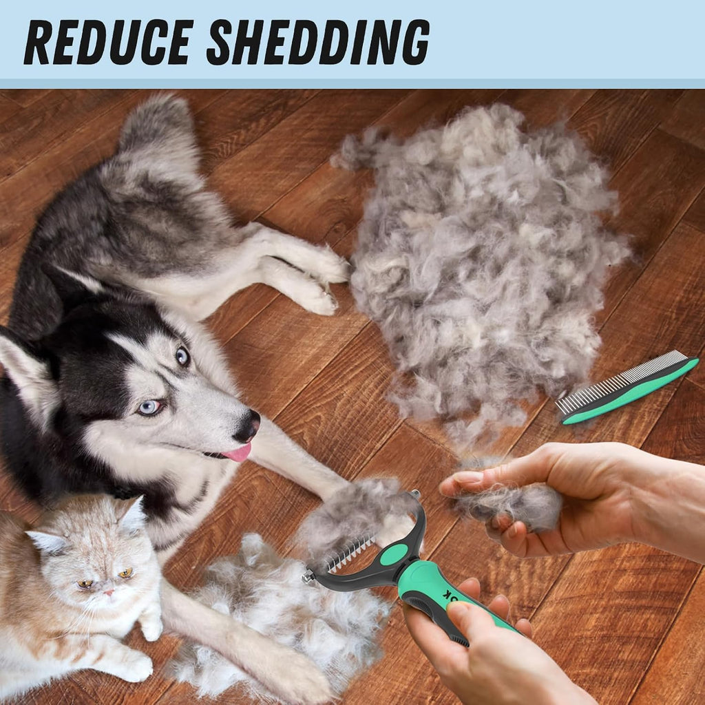Docrok Pet Grooming Brush and Metal Comb Combo for Dogs & Cats, Green | Dematting Deshedding Undercoat Rake, Cat Brush Dog Brush Shedding Tool for Long Matted Haired Pets