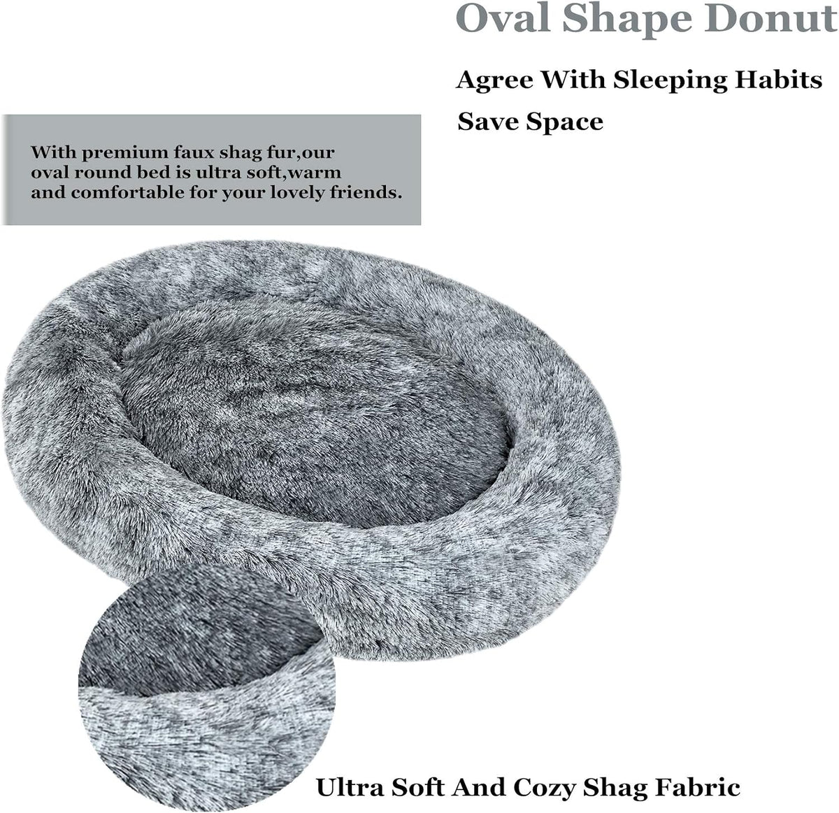 Coohom Oval Calming Donut Cuddler Dog Bed,Shag Faux Fur Cat Bed Washable Round Pillow Pet Bed(30"/36"/43") for Small Medium Dogs (L(30"x24"x7"), Grey)