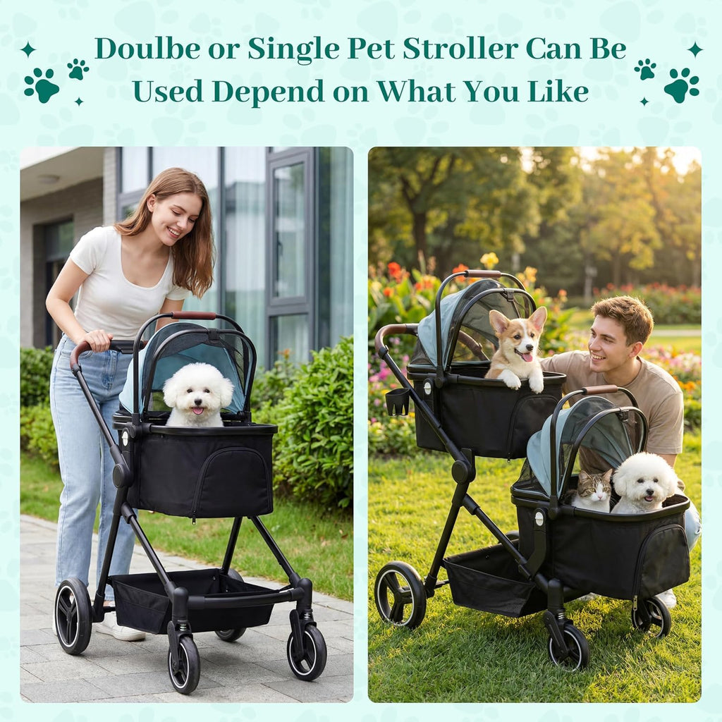 Foldable Double Pet Stroller for 2 Small Medium Cats Dogs