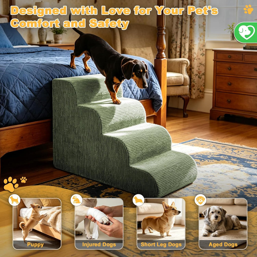 Dog Stairs for Small Dogs 18" H, 4-Step Dog Ramp for Aged and Injured Dogs, Foam Pet Stairs for Cats to Get on Bed, Couch or Chair, Non-Slip, Steady, Washable Cover, Green