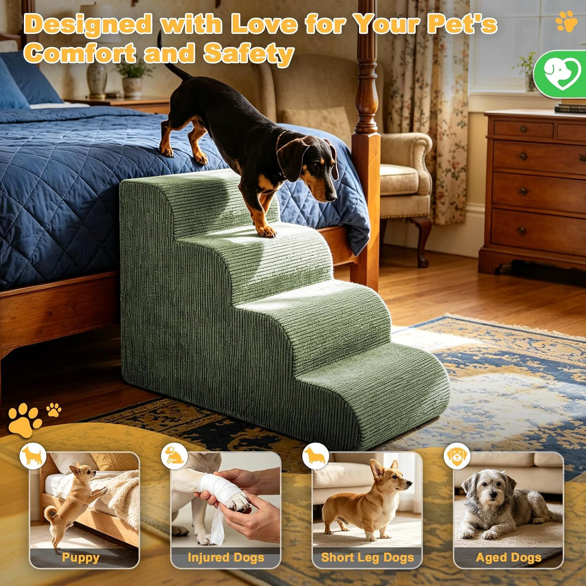 Dog Stairs for Small Dogs 18" H, 4-Step Dog Ramp for Aged and Injured Dogs, Foam Pet Stairs for Cats to Get on Bed, Couch or Chair, Non-Slip, Steady, Washable Cover, Green