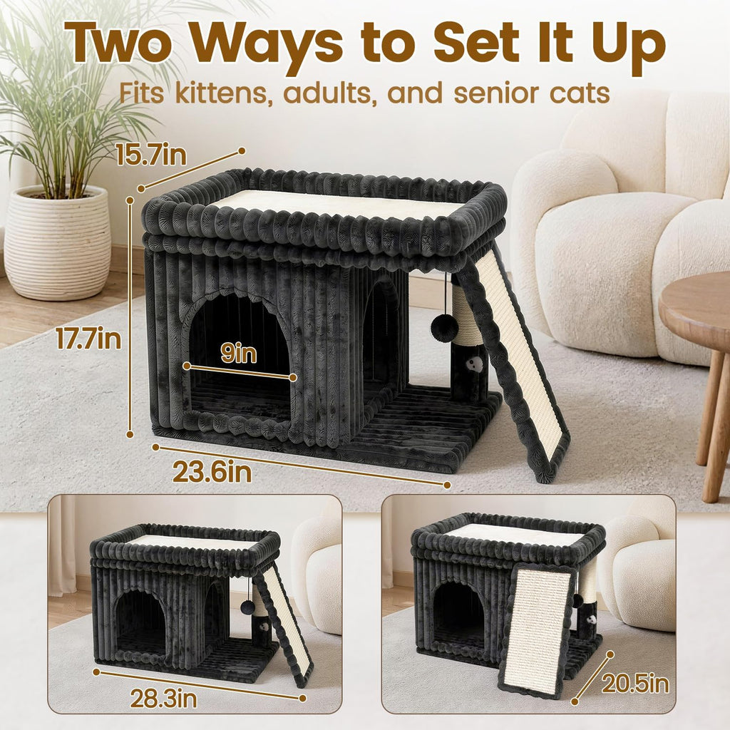 Cat Tree Tower with Scratching Post for Large Kitty, Gray Ribbed