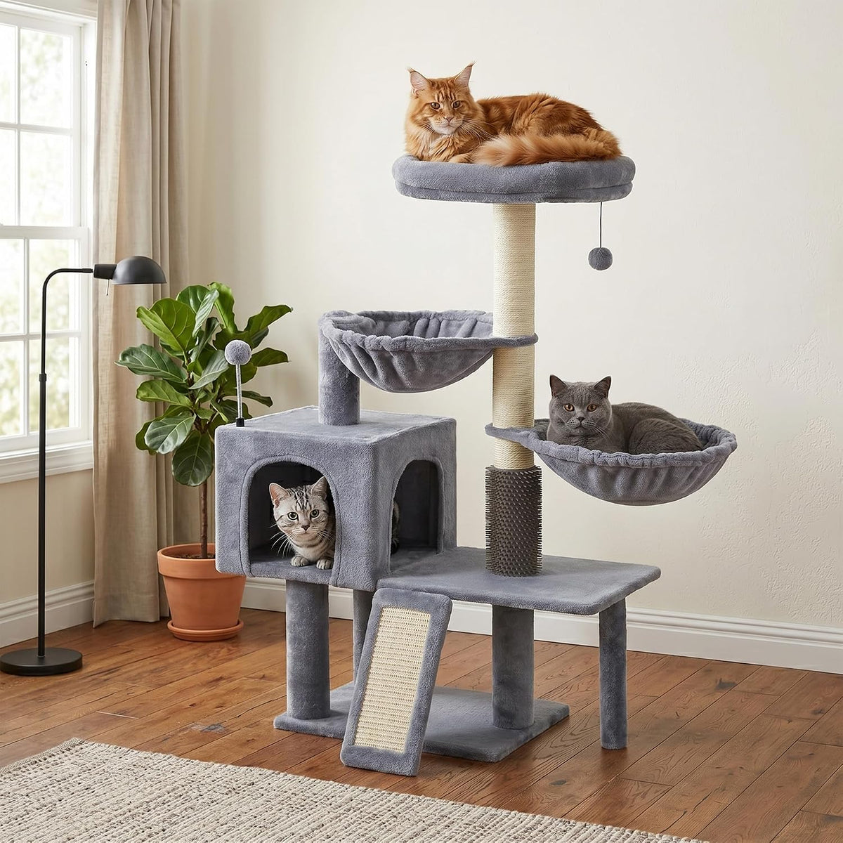 Smouatou Cat Tree with Cat Condo and Two Hammocks, Cat Tower with Scratching Posts and Scratching Pads Cat Toys, Grey