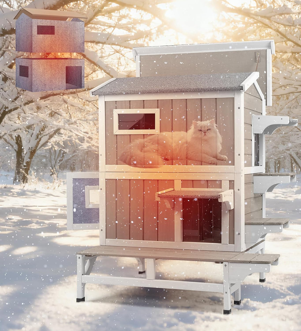 GoWoodHut Outdoor Cat House Weatherproof Cats Shelter for Feral Kitten Pet Houses for 1-2 Small Animlas 2 Story Wooden Houses for Indoor Outdoor Cats with Escape Doors (2 Story Cat House-73TI)