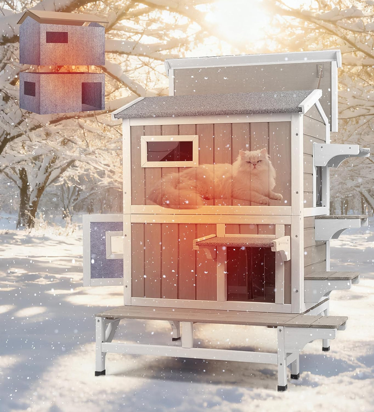 GoWoodHut Outdoor Cat House Weatherproof Cats Shelter for Feral Kitten Pet Houses for 1-2 Small Animlas 2 Story Wooden Houses for Indoor Outdoor Cats with Escape Doors (2 Story Cat House-73TI)