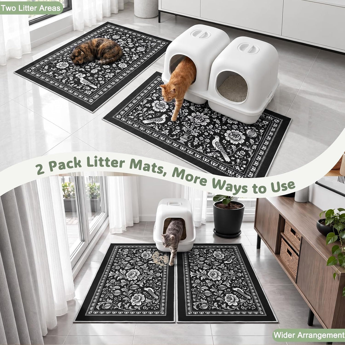 Bienbee Cat Litter Mat, 2 Pack 33" x 22" Machine Washable for Litter Boxes