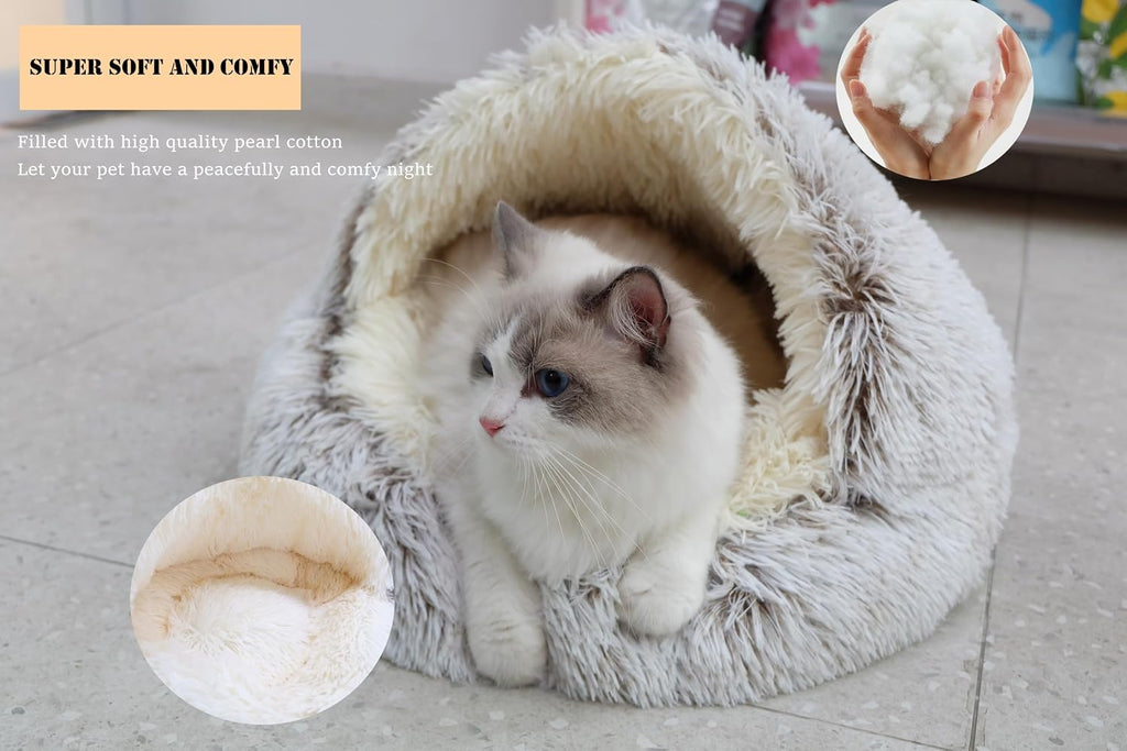 ZaneSun Calming Round Dog Beds &Cat Cave Bed with Hooded Cover,Plush Fluffy Dog Bed Anti-Anxiety Cat Cave Bed,Waterproof Bottom Washable (Coffee, 25.6X 25.6inch)