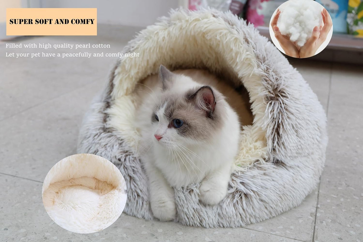 ZaneSun Calming Round Dog Beds &Cat Cave Bed with Hooded Cover,Plush Fluffy Dog Bed Anti-Anxiety Cat Cave Bed,Waterproof Bottom Washable (Coffee, 25.6X 25.6inch)