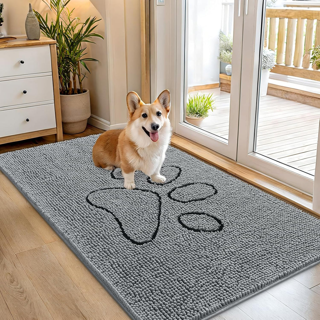 OLANLY Dog Door Mat for Muddy Paws 54x32, Paw Print Design Chenille Mud Mat