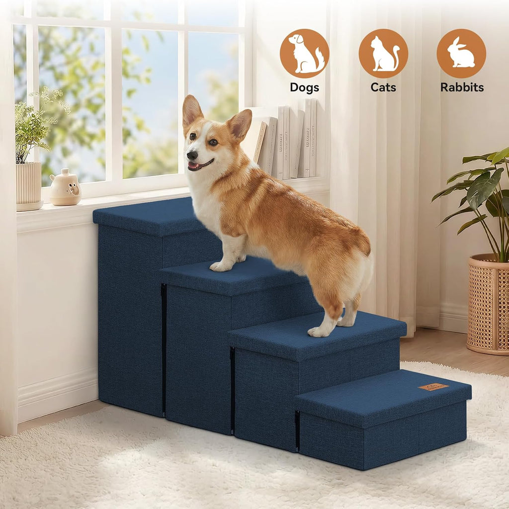 Zerbuger Dog Stairs with Storage, Navy Blue 4 Steps Dog Ramp no Condo