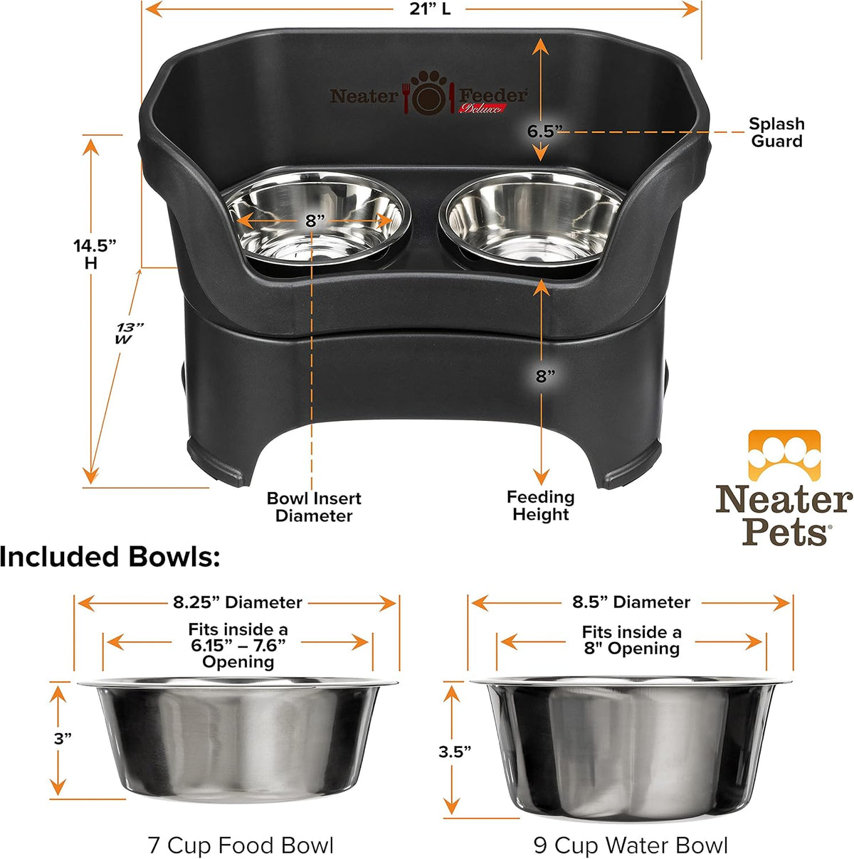 Neater Pet Brands Neater Feeder Deluxe Mess Proof Dog Bowls Elevated for Large Dogs Over 40 lbs, Made in USA, No Spill Raised Dog Food Bowl Stand Feeding Station, Food and Water Bowl Set, Black 