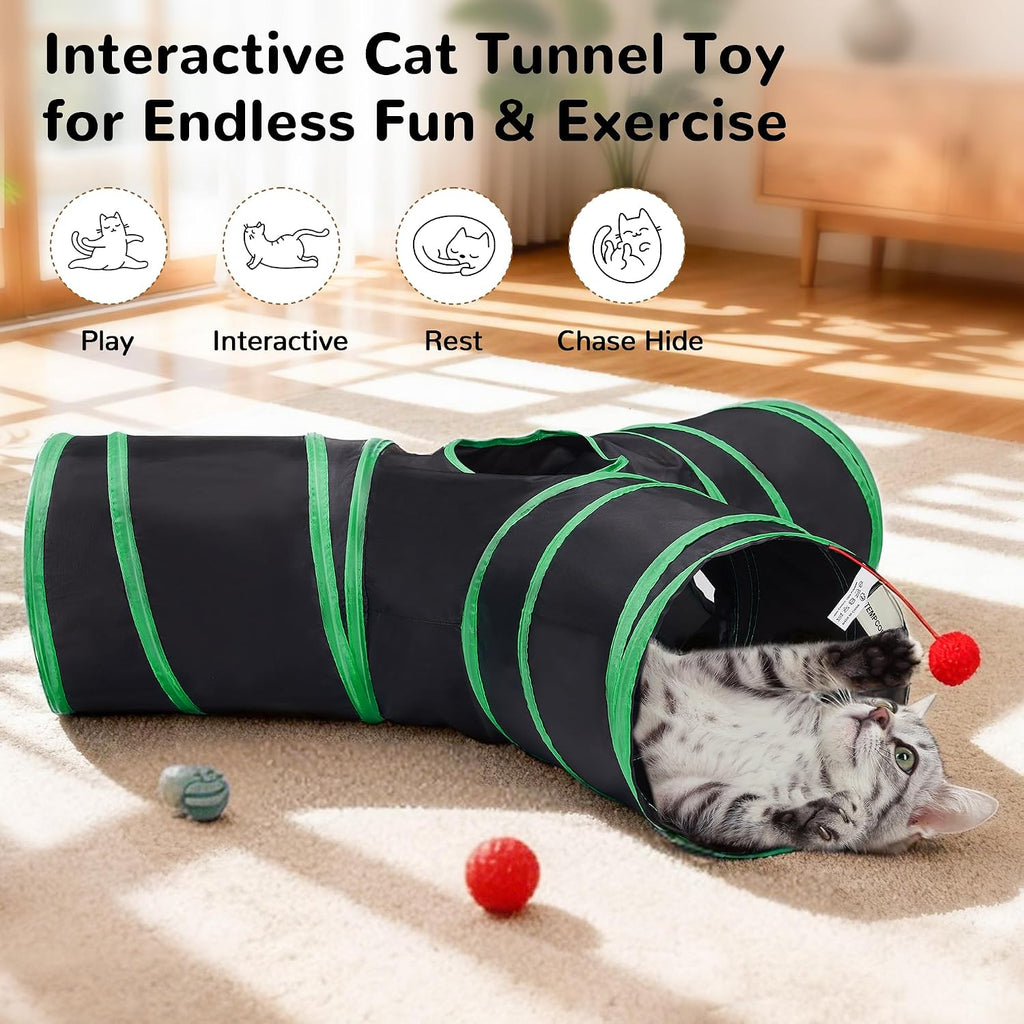 Tempcore Cat Tunnel, 3-Way Collapsible Toy for Indoor Cats, Black & Green | 3-Way Cat Tunnel with Peek Holes, Hanging Ball and Teaser Wand, Collapsible Design for Play, Hiding, Chasing and Exercise