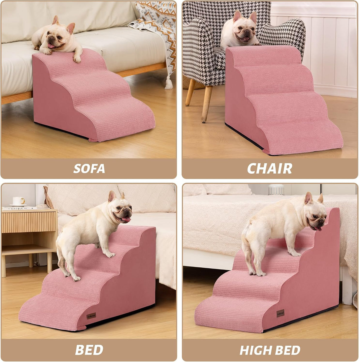 Dog Stairs for Small Dogs, 3-Step Pink Pet Ramp for Couch, Cats & Puppies