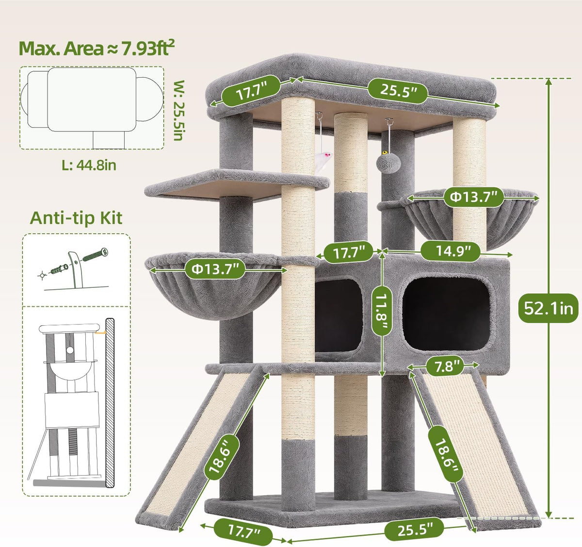 Globlazer Heavy Duty Cat Tree for Large Cats, 25.5in Wide Top Perch, S52F