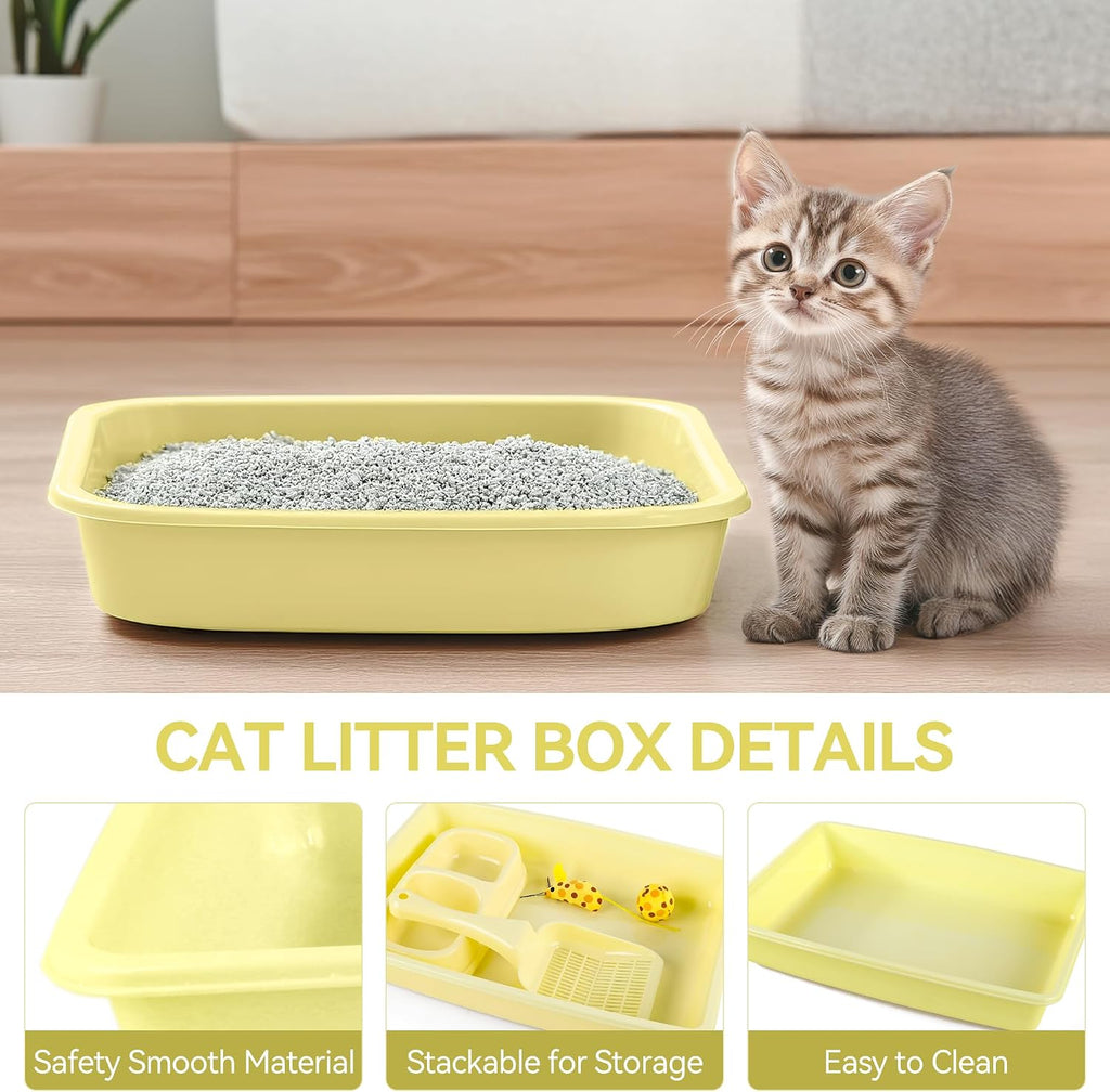 PAWISE Cat Litter Box Set, Small Kitten Starter Kit, Includes Litter Box, Litter Scoop, Double Dish Feeding Bowl, Cat Mouse Toy, Kitty Ball Toy, Yellow