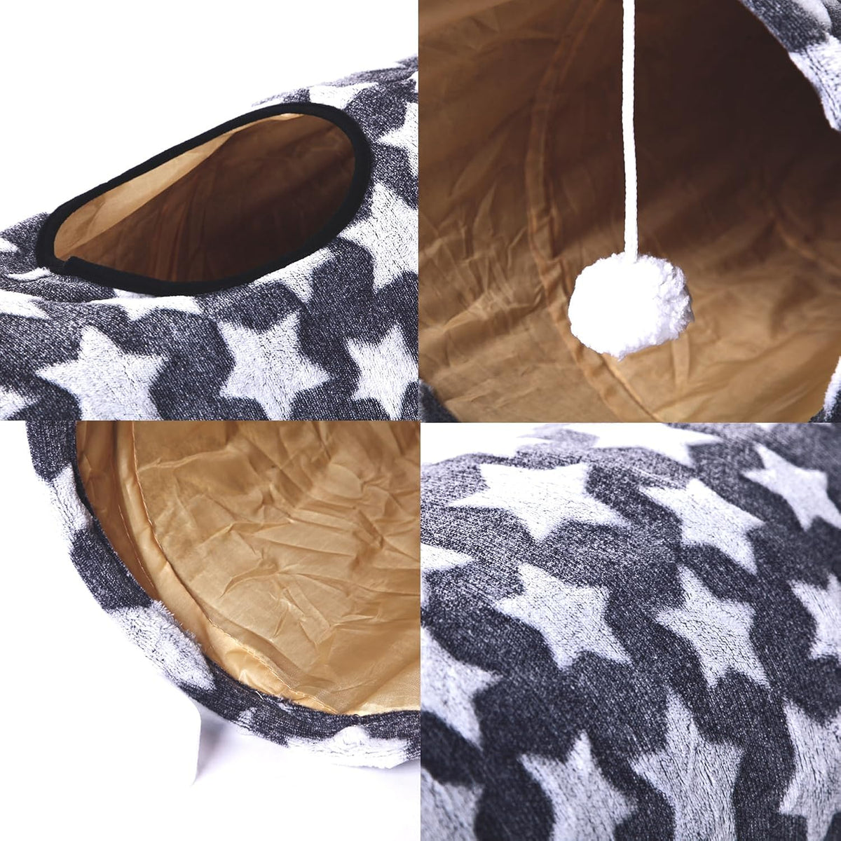 Cat Tunnel -Straight-Shaped, Gray Star Pattern, Soft Velvet Exterior, Oxford Fabric Fog-Proof Interior, Plush Toy Ball, Easily Washable, Conveniently Foldable, 47.2in/120cm