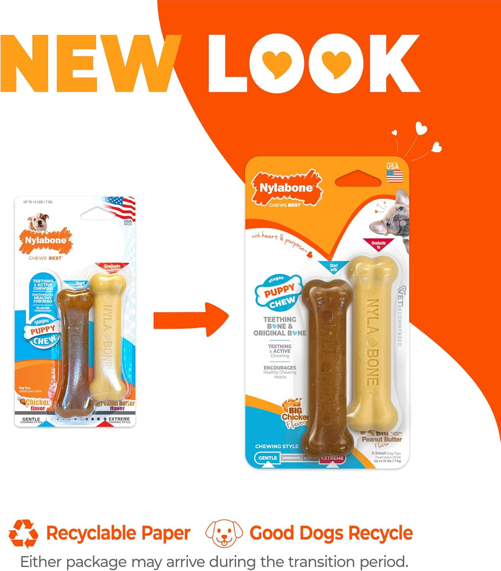 Nylabone Puppy Chew Teething Bone & Original Bone Dog Chew Toys, 2 Count | X-small chew bones for puppies up to 15 lbs, chicken & peanut butter flavor, soothing teething toys for puppies