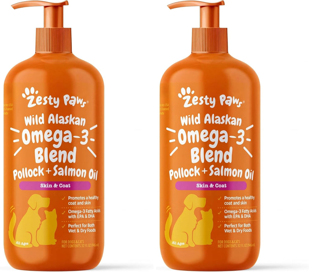 Zesty Paws Wild Alaskan Omega-3 Blend Pollock + Salmon Oil for Dogs and Cats- Skin and Coat Support, Omega 3 Supplement for Pets, 32oz (Pack of 2)