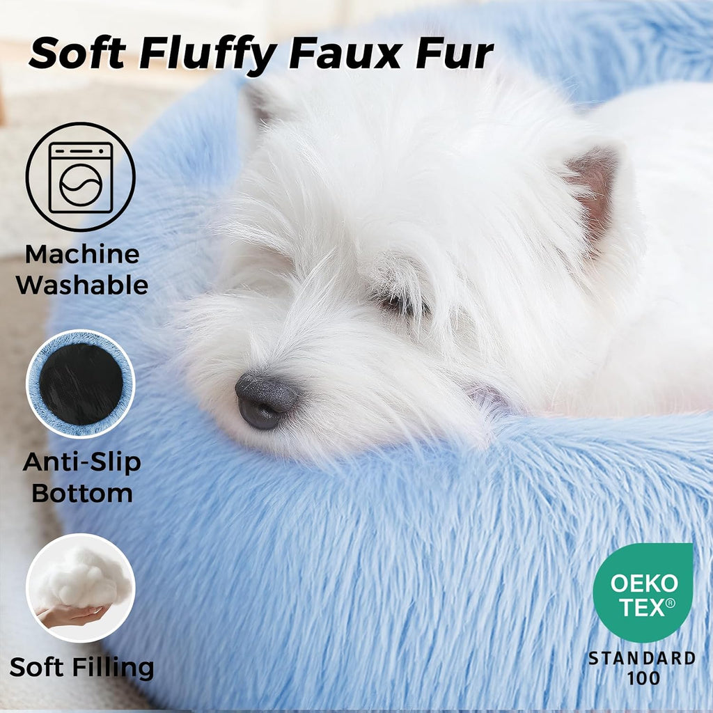Calming Round Dog Bed & Cat Bed for Indoor Cats, Medium Size Washable Anti-Slip Anti-Anxiety Donut Dog Beds for Small Dogs & Cats, Fluffy Plush Soft Dog Bed(20 Inch, Light Blue)