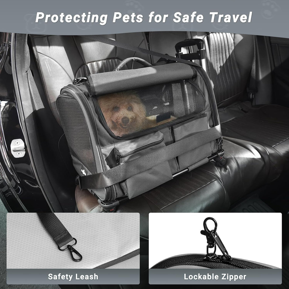 Large Pet Carrier with Wheels, Foldable Rolling Dog Carrier with Big Pocket, Cat Rolling Bag 21"x13"x13" for 2 Cats &Dogs, for Travel, Outdoor, Vet Visits, Camping, Indoor. Gray. (Not for Airline)