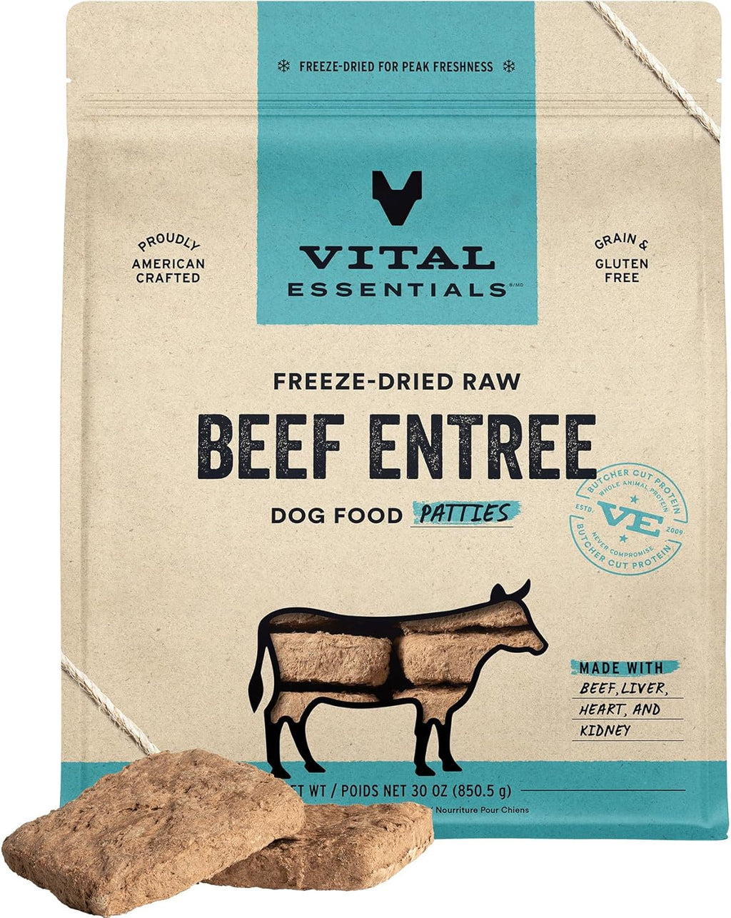 Vital Essentials Freeze Dried Dog Food, Beef Patties, 30 oz Bag