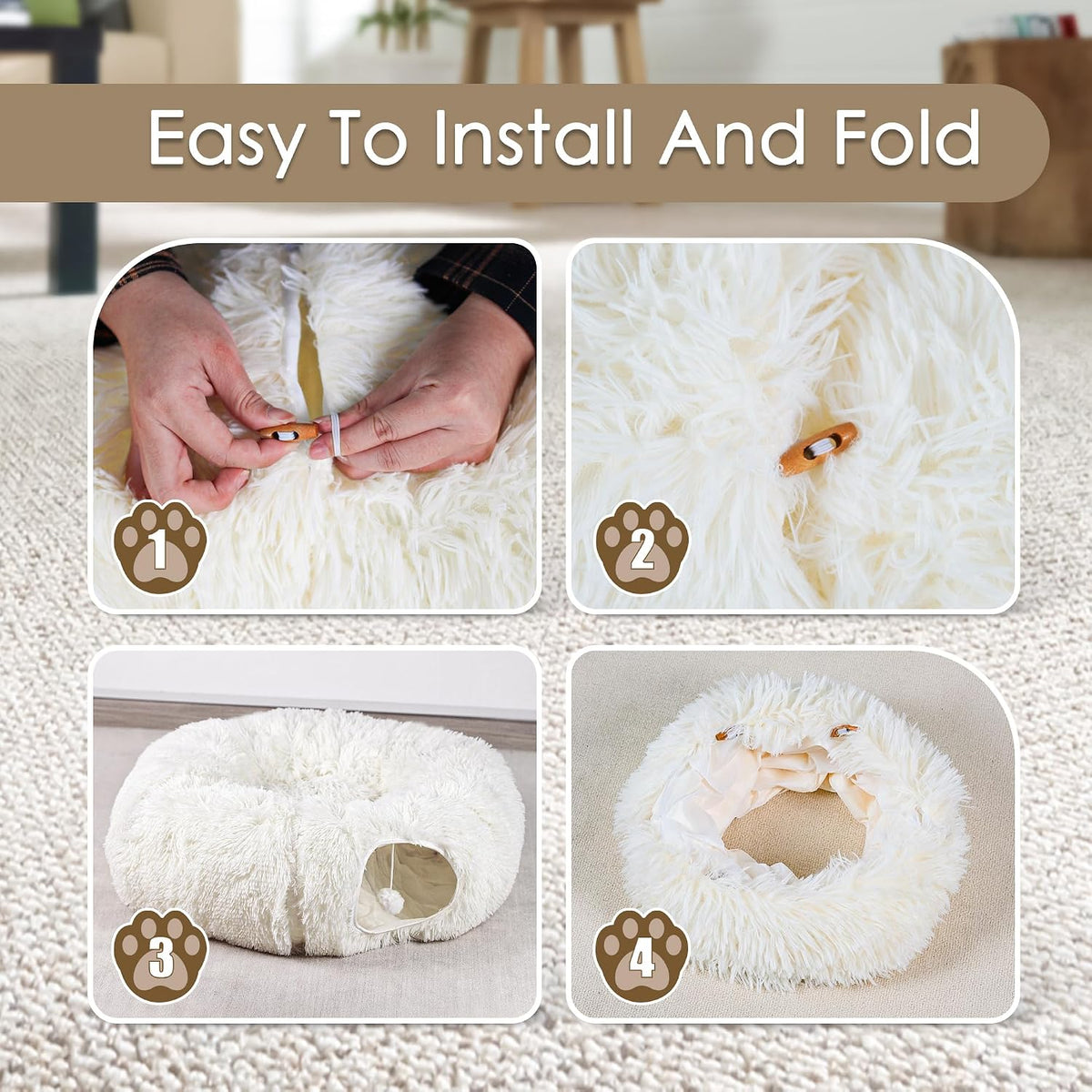 Peekaboo Cat Cave with Washable Mat, Collapsible Cat Play Tunnel for Kittens & Small Pets, Plush Cat Donut Bed Tunnel, Beige