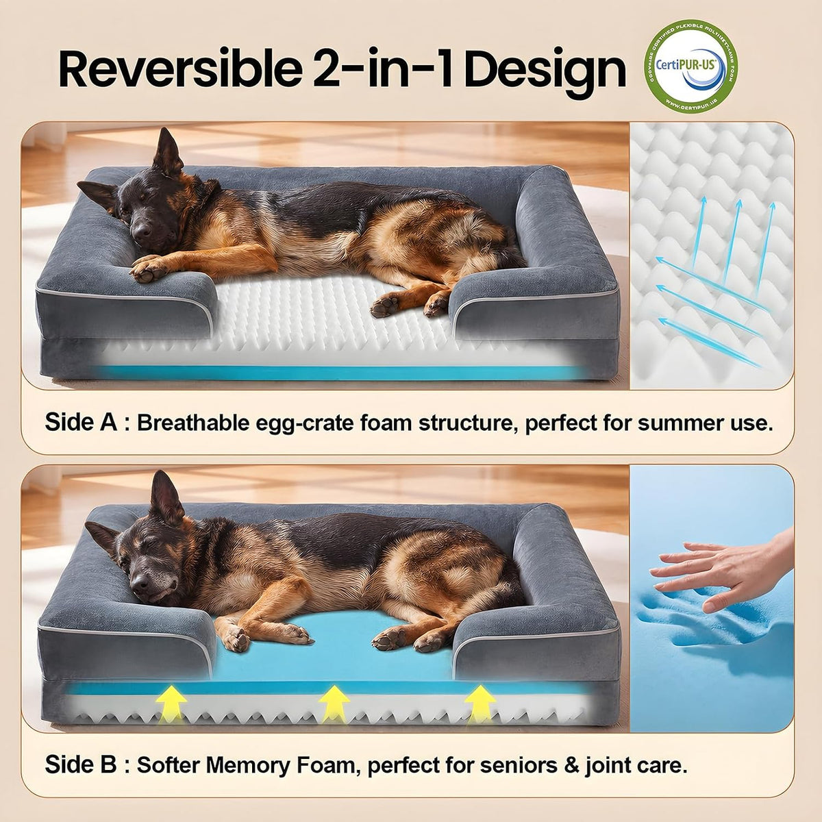 OhGeni Orthopedic Extra Large Dog Bed Couch, Memory Foam, 45×33Inch (Gray)