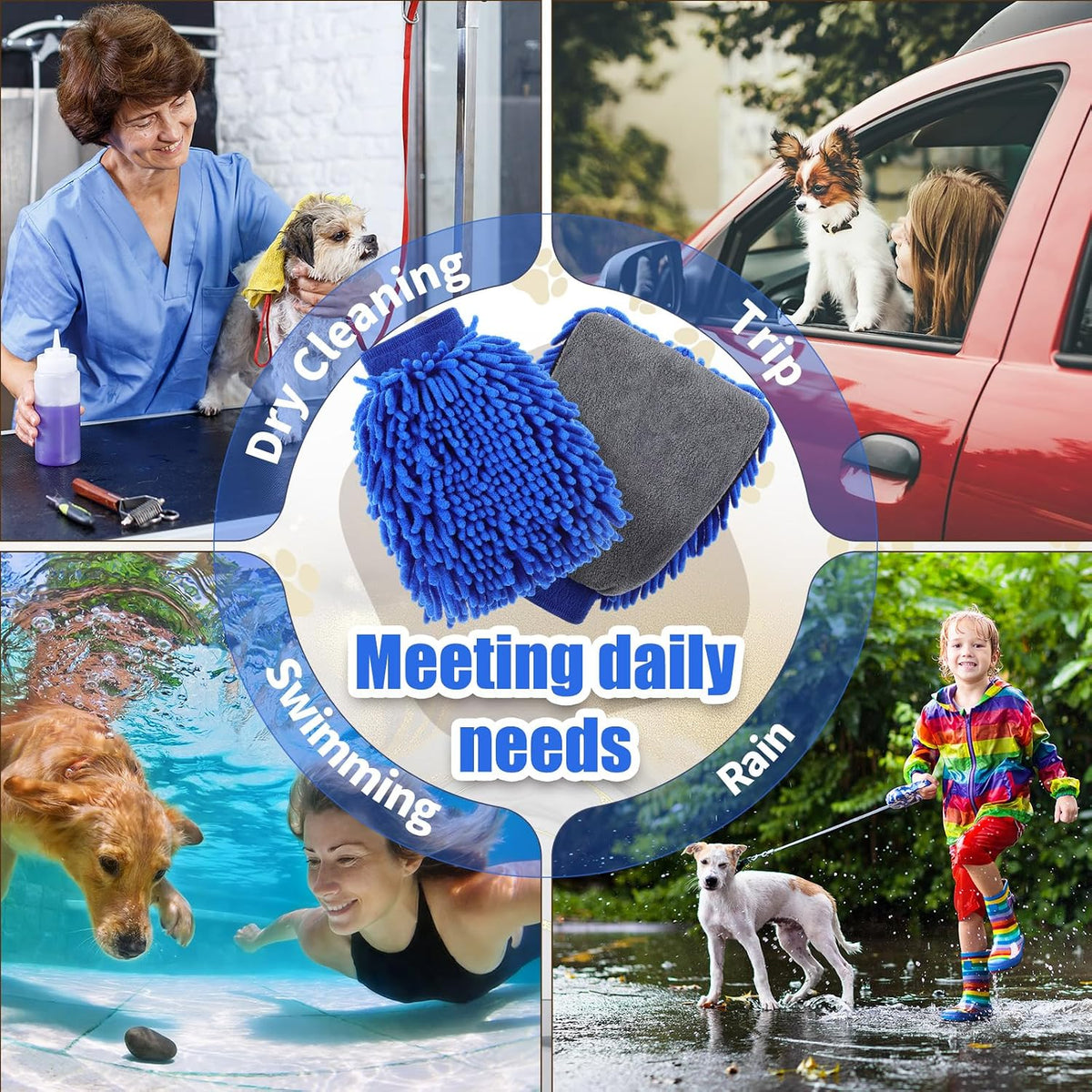 Teenyyou 2 Pcs Dog Towel Chenille Microfiber Pet Grooming Gloves,Blue