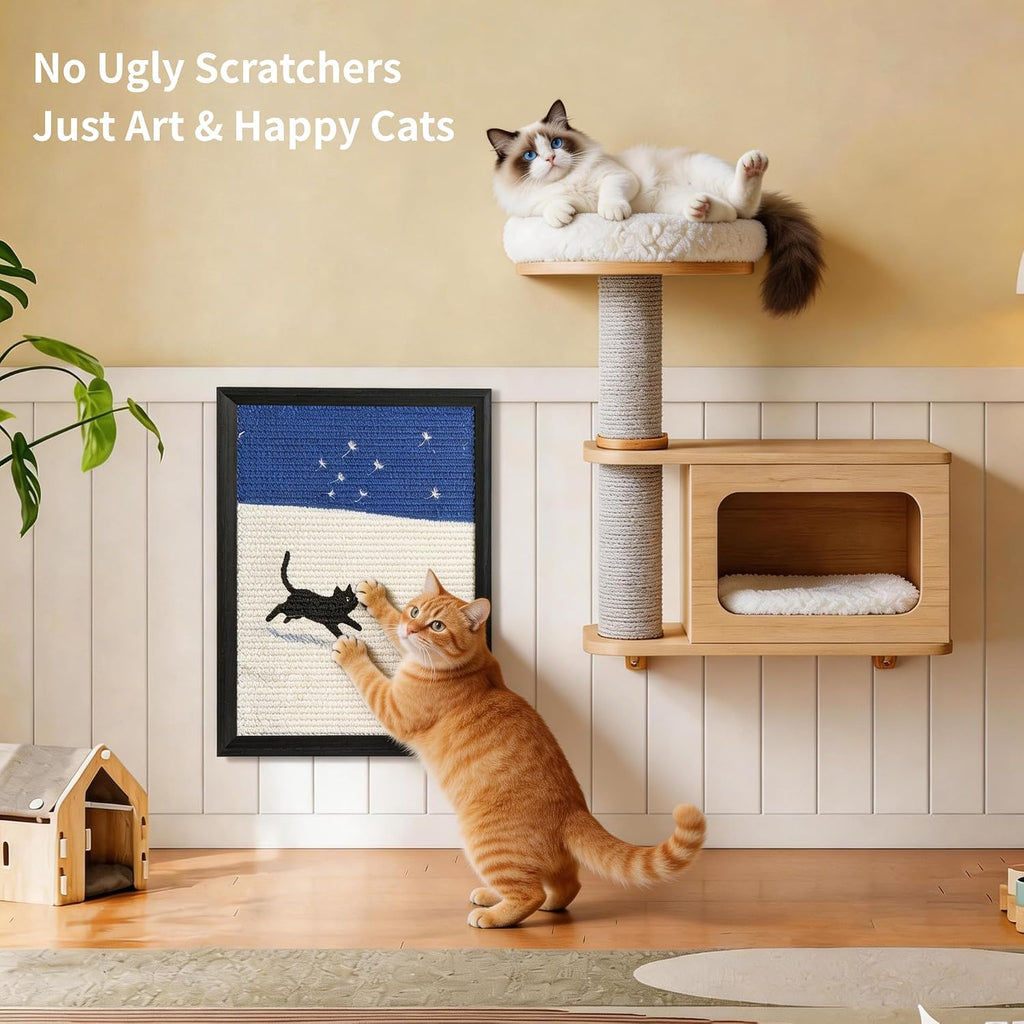 Decorative Wall Art Cat Scratcher for Indoor Cats, Wall Mounted Sisal Cat Scratching Board with Solid Wood Frame, Furniture Protector, Easy No-Drill Install, 17 x 13 in