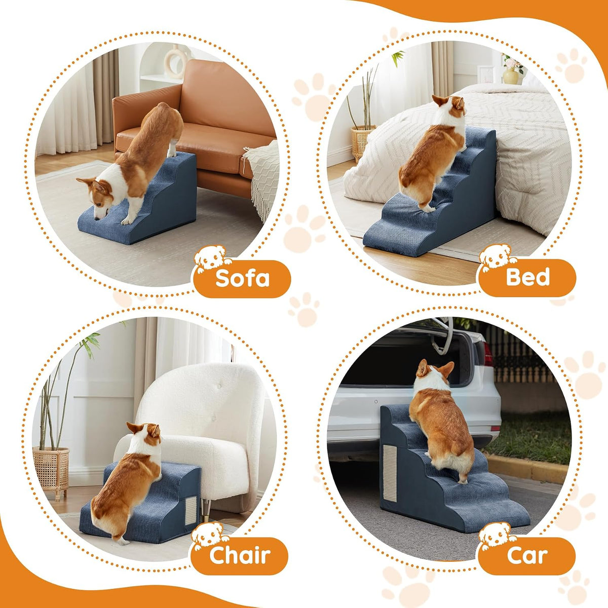 Ahpmeoa Dog Stairs for Small Dogs 15.7" H, Dog Ramp for Bed, 3-Step, Navy