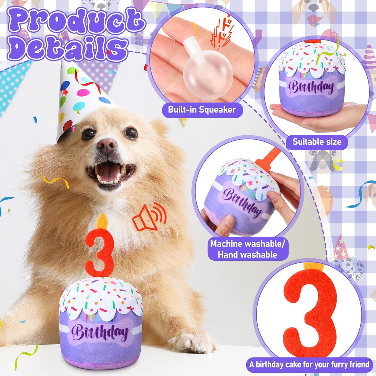 Dansydaisy Dog Birthday Cake Toy Squeaky Plush Gift,3rd,Purple | Interactive Squeaky Gift for Dogs, Dog Birthday Decor , Soft Chew for Small Medium Large Pets, Cake Design with Candle