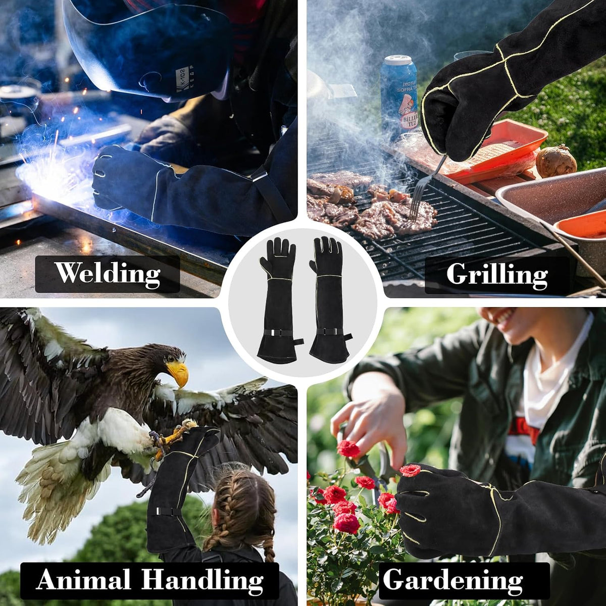 Animal Handling Gloves Bite Proof, Thickened Leather Cat Gloves for Scratching, Falconry, Welding, 23.6 inch Black Yellow