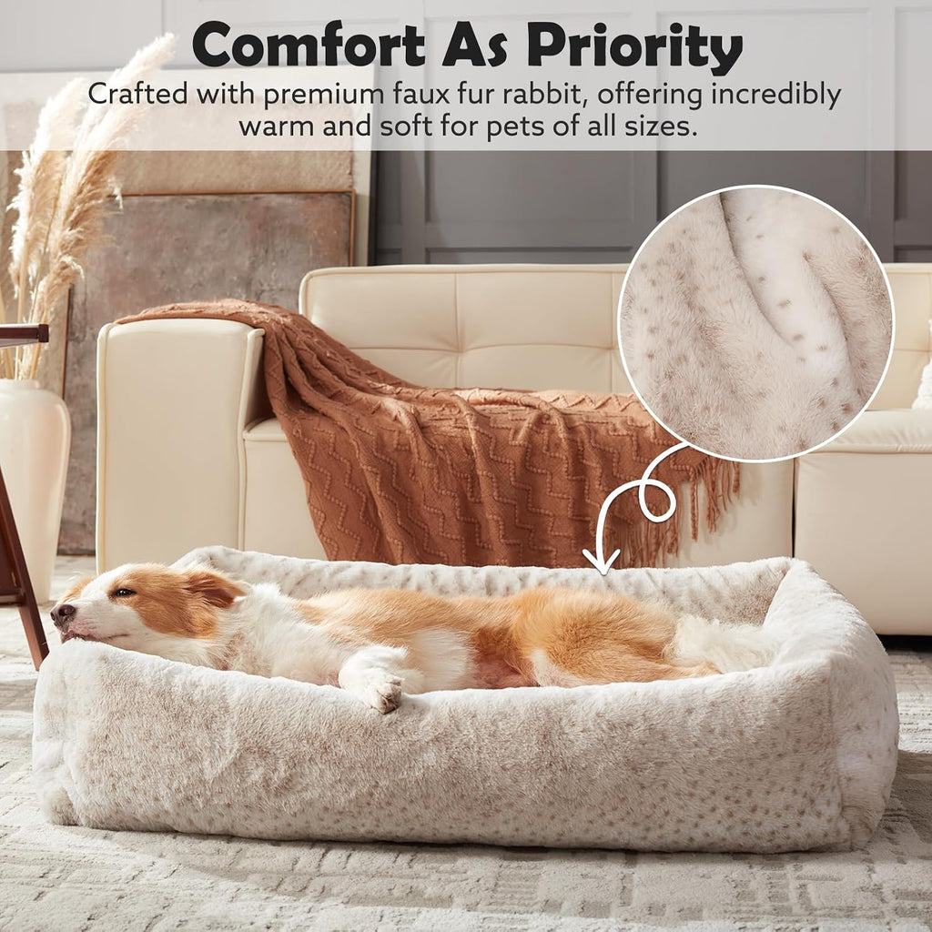 JOEJOY Large Dog Beds Large Sized Dog, Removable Washable Cover Orthopedic Soft Faux Rabbit Fur Pet Bed, Anti-Slip Fluffy Plush Faux Rabbit Fur Puppy Bed, 36"x27"x8", Leopard Print, Beige