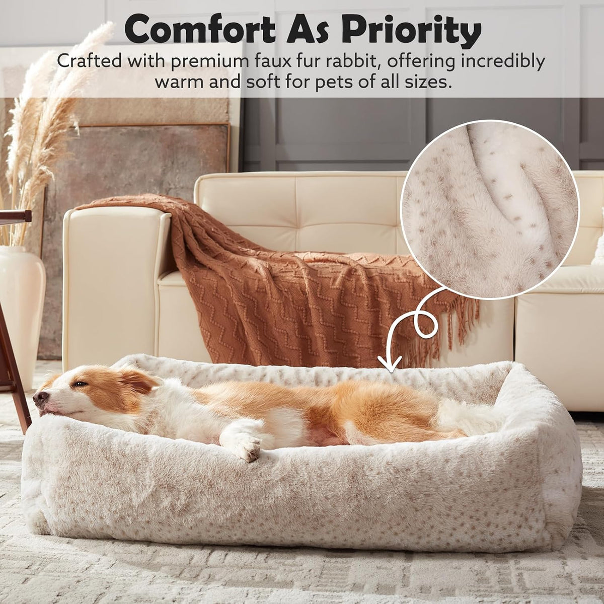 JOEJOY Large Dog Beds Large Sized Dog, Removable Washable Cover Orthopedic Soft Faux Rabbit Fur Pet Bed, Anti-Slip Fluffy Plush Faux Rabbit Fur Puppy Bed, 36"x27"x8", Leopard Print, Beige