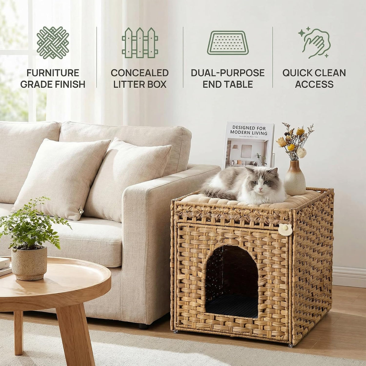 Cat Litter Box Furniture, Rattan Litter Box Enclosure Cabinet for Indoor Cats, Ventilated Covered Litter Box House, Decorative Litter Box Hider with Mat
