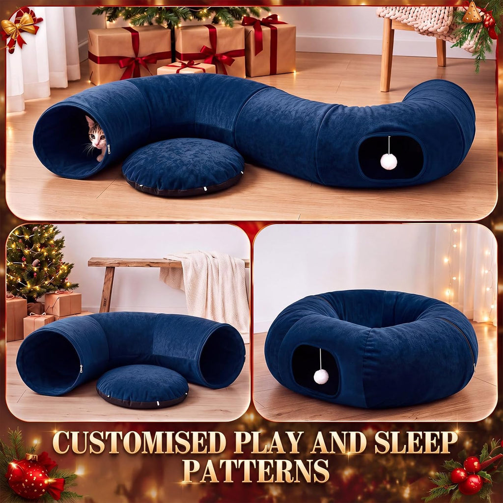 Christmas Tree Cat Tunnel 36 in Donut Bed, Navy Blue, Velvet, Fluffy