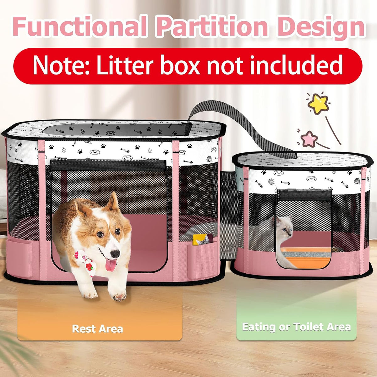 Portable Cat Playpen with Litter Box Area, Foldable Pet Dog Playpen
