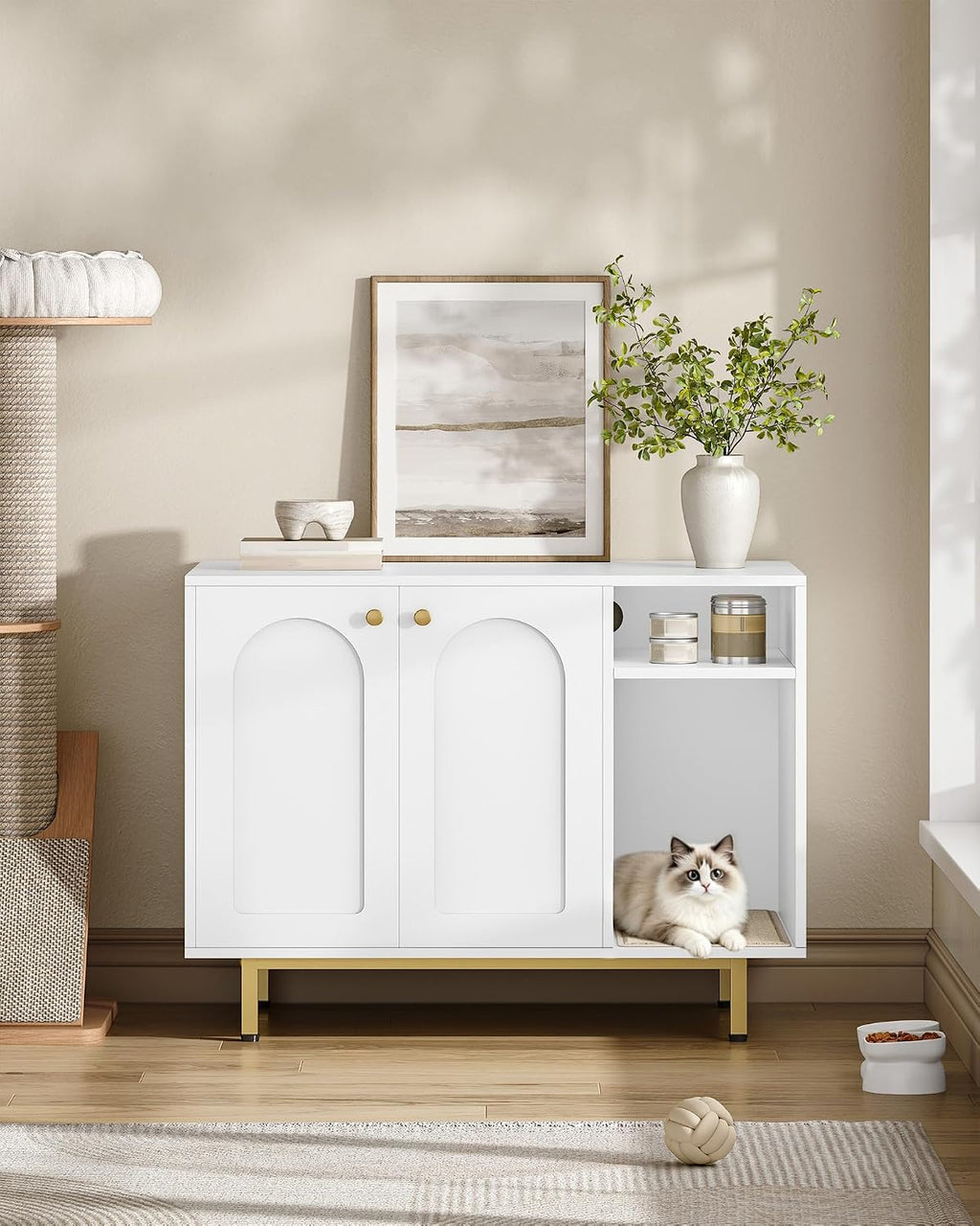 Hzuaneri Cat Litter Box Enclosure, Hidden Litter Box Furniture with Storage | Large Wooden Cabinet with Sisal Mat, Modern Cat Washroom for Living Room, Bedroom, Entryway, White and Gold 01503GCLB