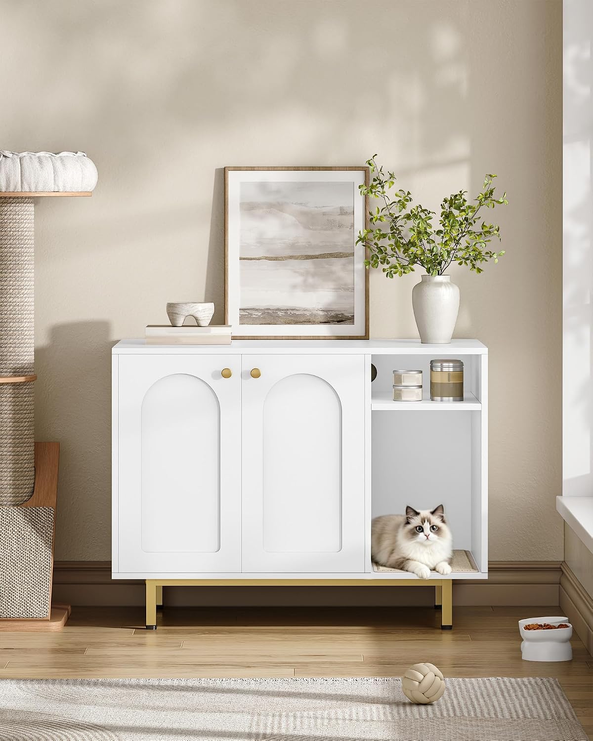 Hzuaneri Cat Litter Box Enclosure, Hidden Litter Box Furniture with Storage | Large Wooden Cabinet with Sisal Mat, Modern Cat Washroom for Living Room, Bedroom, Entryway, White and Gold 01503GCLB