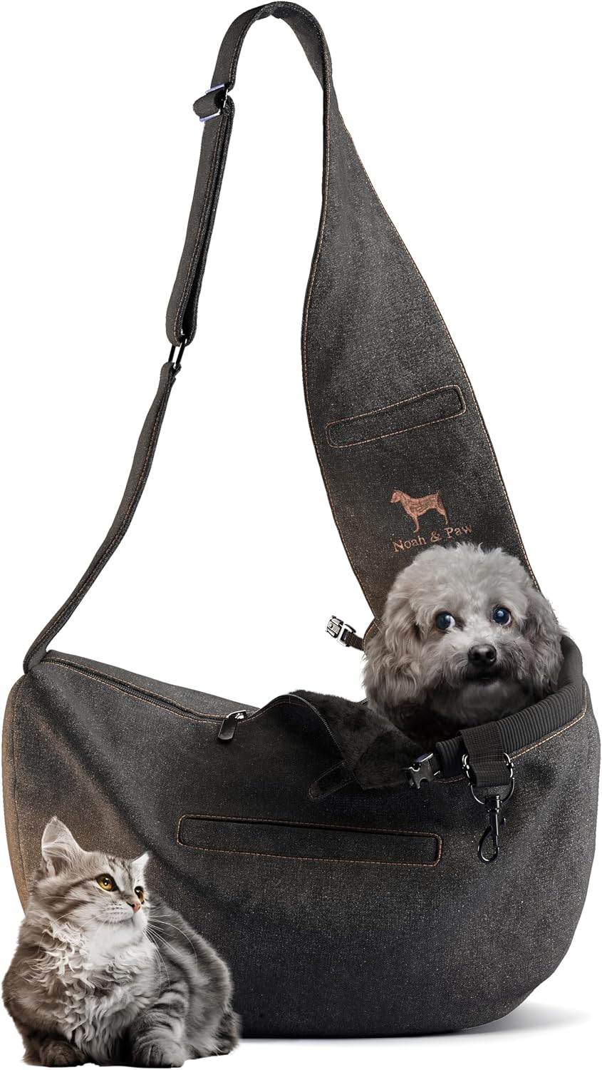 Noah & Paw Dog Sling Carrier for Small Dogs 5-18lb, Dog Sling for Small Dogs and Cats, Dog Carrier with Adjustable Padded Strap, Denim Lined with Fur, 3X Safety Features, Machine Washable